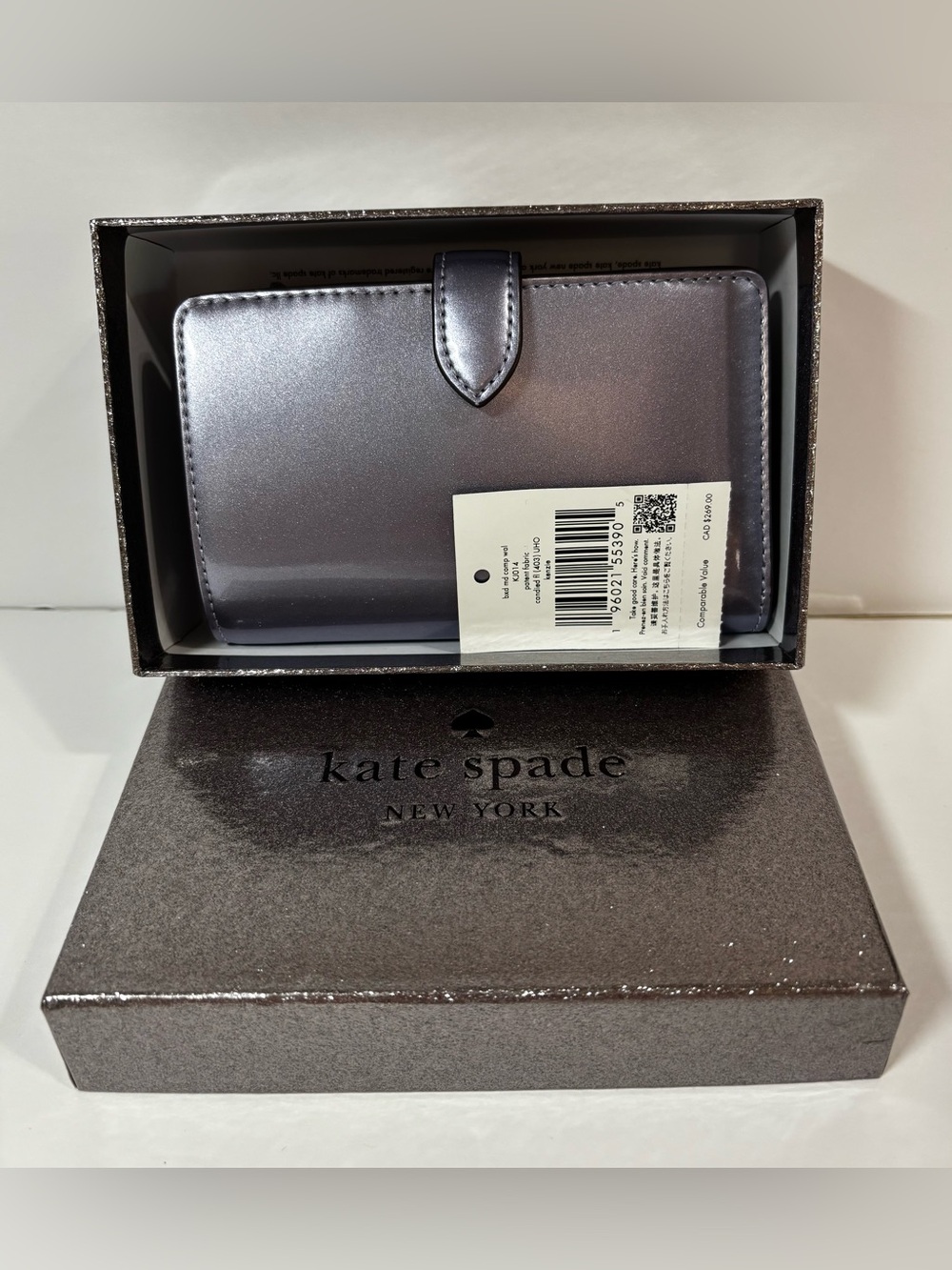 NIB with tag kate spade Kenzie Candied Lilac patent fabric wallet